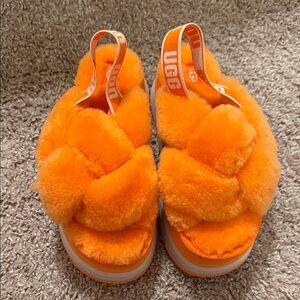 UGG Women's Bright Orange Fluffy Platform Slippers
